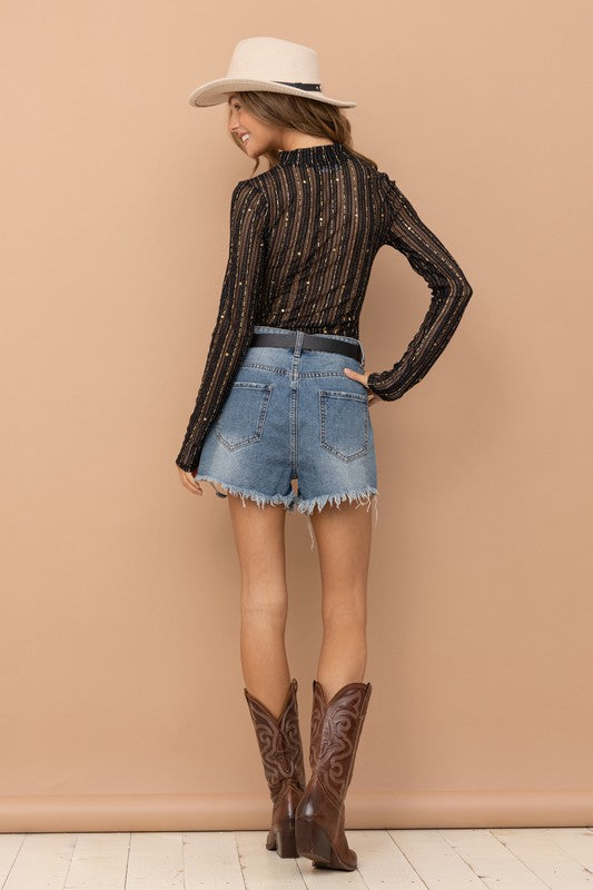 Metallic Star Stripe Mesh Mock Neck Top