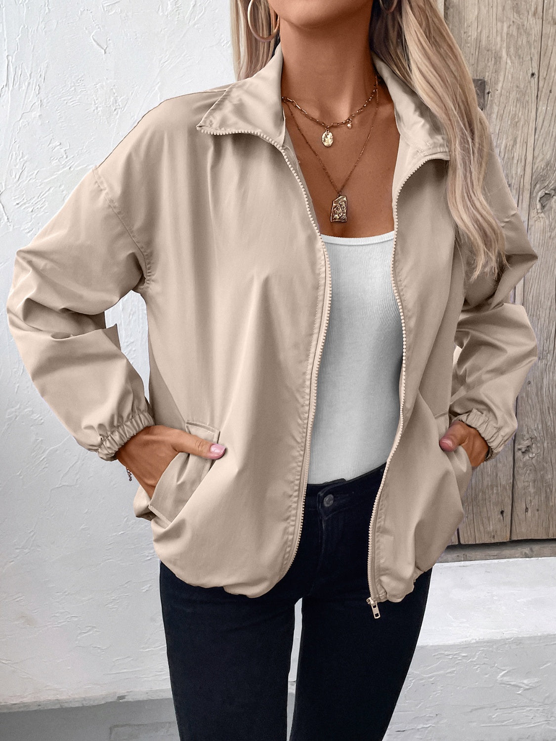 Pocketed Zip Up Long Sleeve Jacket