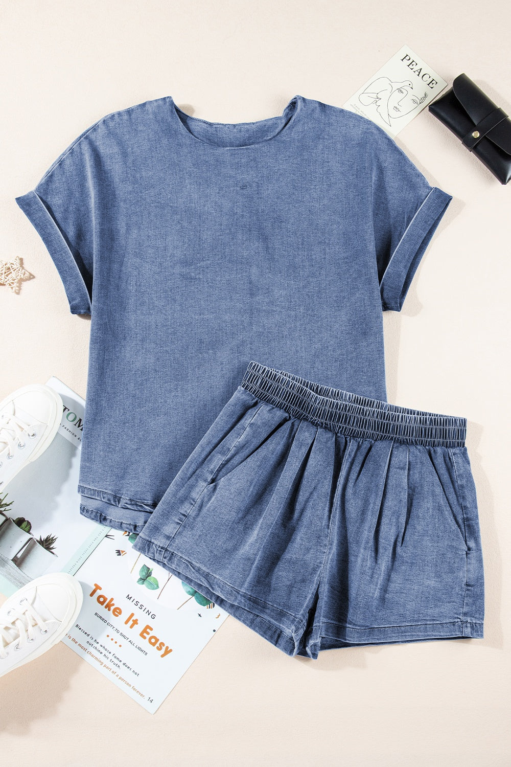 Round Neck Short Sleeve Top and Shorts Denim Set