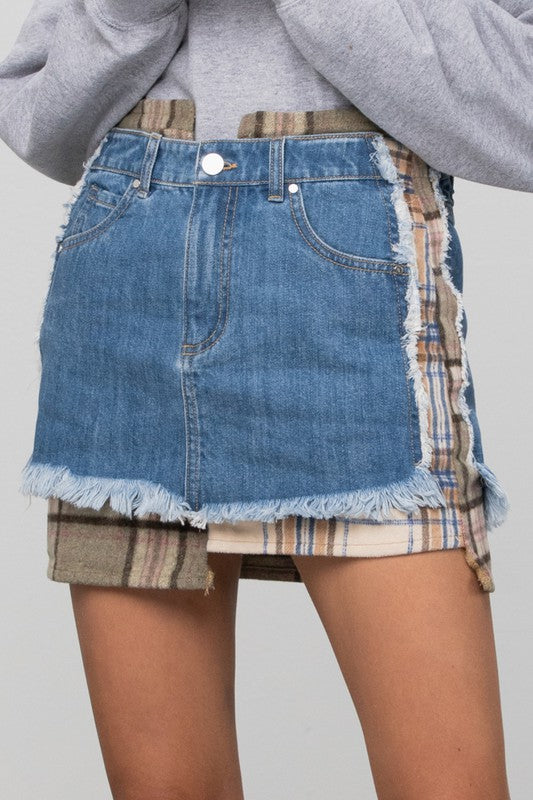 PLAID CHECKER DENIM MINI SKIRT