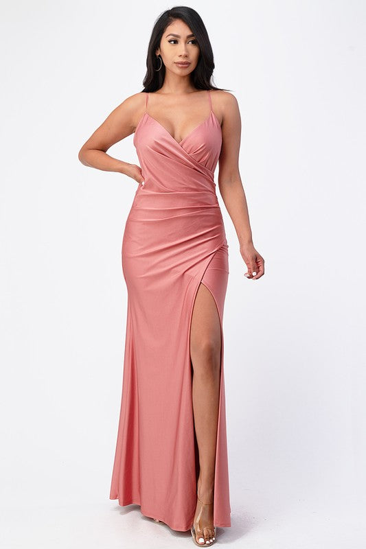 Tara side pleat overlap gown with side opening