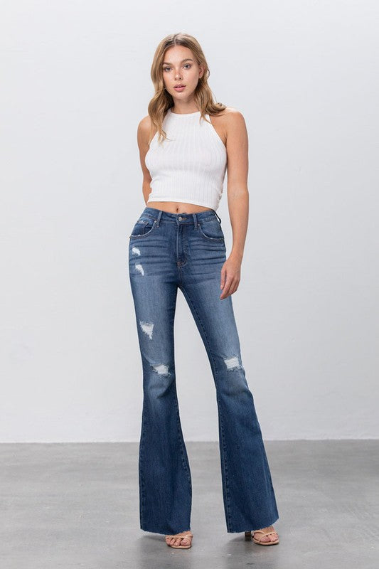 MID RISE DARK WASH FLARE JEANS