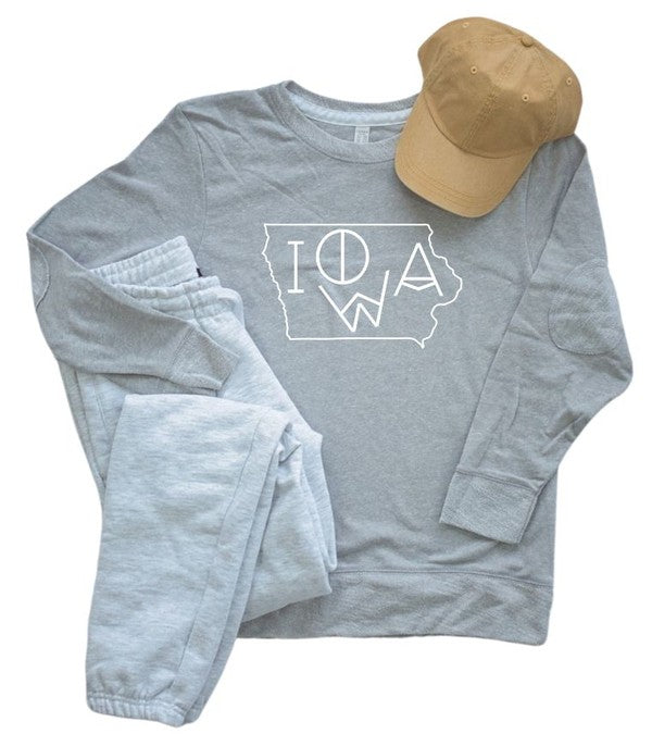 Iowa Line Font Outline Crewneck Elbow Patch Crew