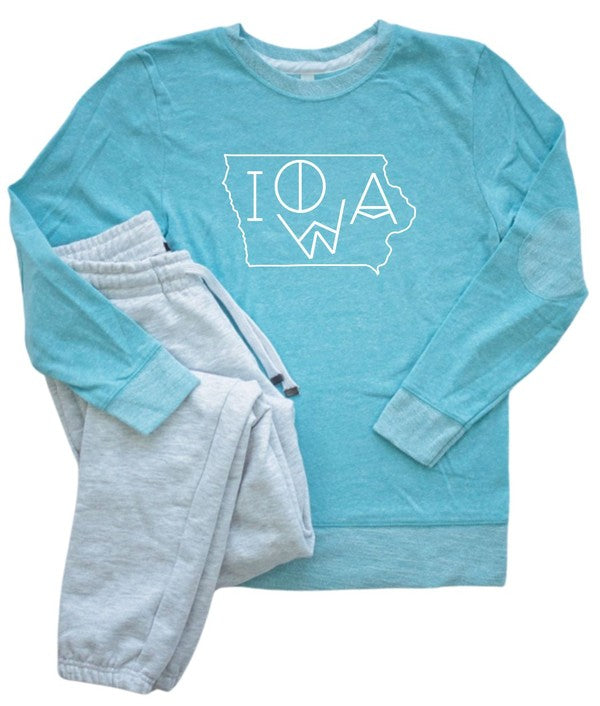 Iowa Line Font Outline Crewneck Elbow Patch Crew