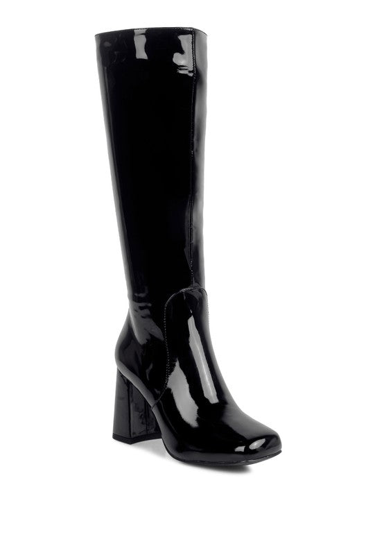 HYPNOTIZE Patent PU Block Heeled Calf Boots