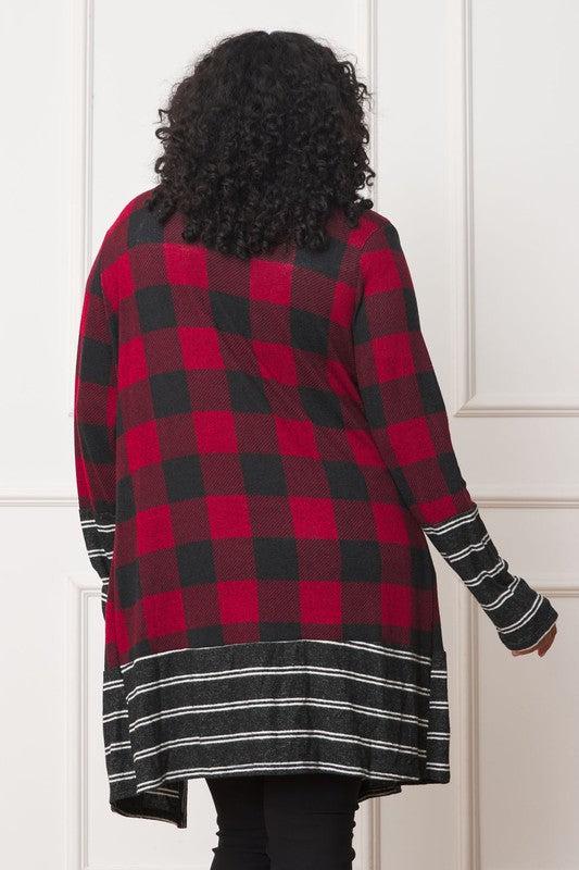 Long Buffalo Plaid Stripe Trim Open Cardigan