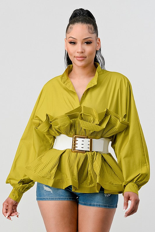 ATHINA PLEATED RUFFLE WASIT BELT LONG  BLOUSE