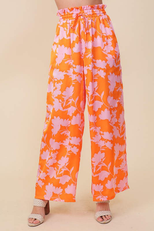 Tropical Print Wide Pants With Self Tie Drawstring