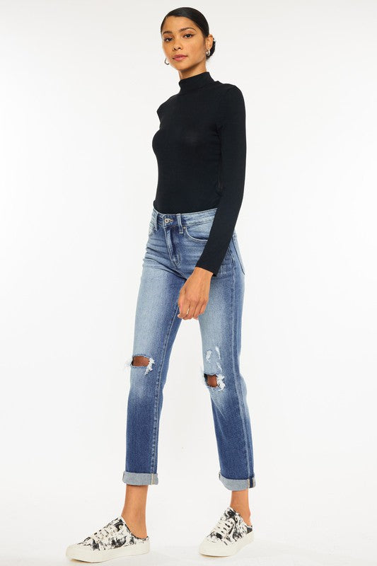 High Rise Hem Detail Slim Straight Jeans