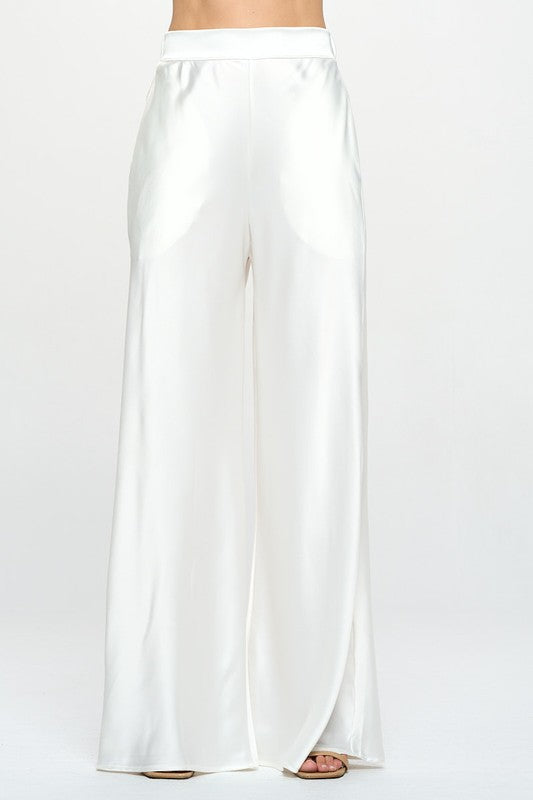 Stretch Satin Pants w/ Elastic Waist and Pockets