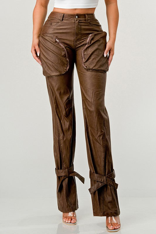 Athina PU Brown Cargo Pants