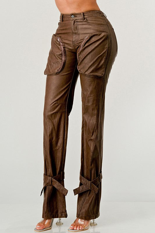 Athina PU Brown Cargo Pants