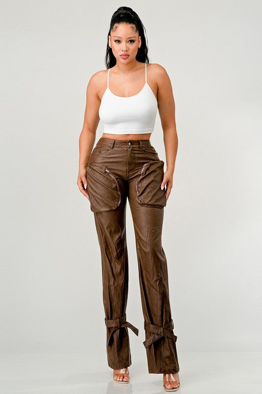 Athina PU Brown Cargo Pants