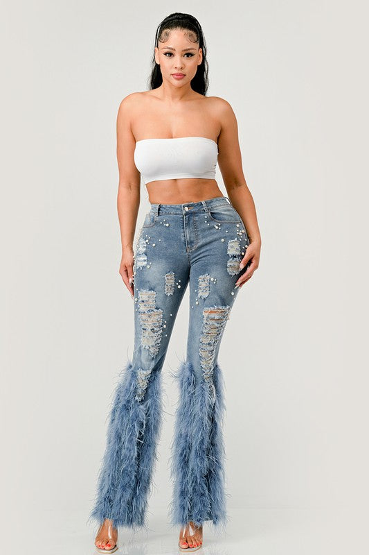 Distressed Pearl Embellished Feather Detail Jeans