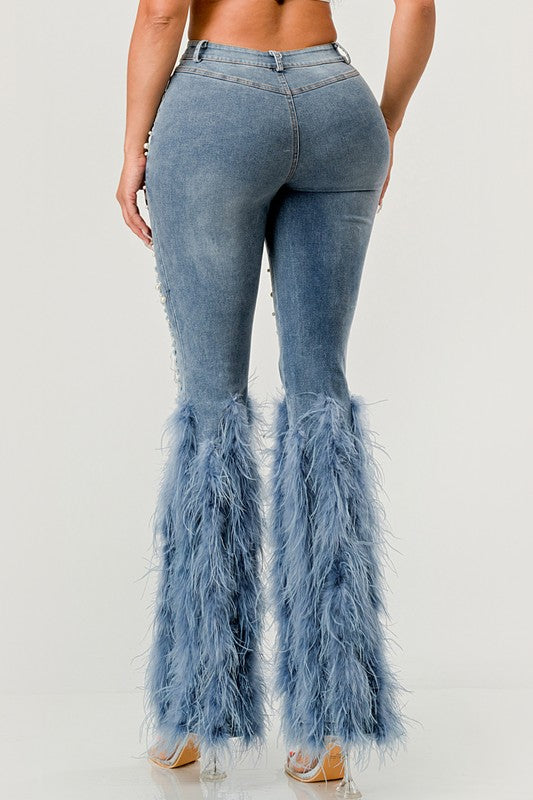 Distressed Pearl Embellished Feather Detail Jeans