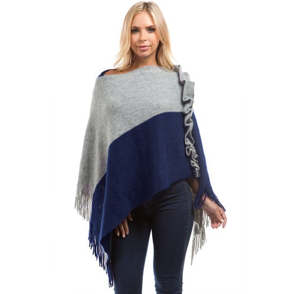 Blue& Gray Fringe Trim Batwing Sleeve Sweater