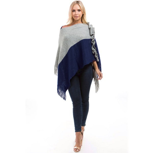 Blue& Gray Fringe Trim Batwing Sleeve Sweater