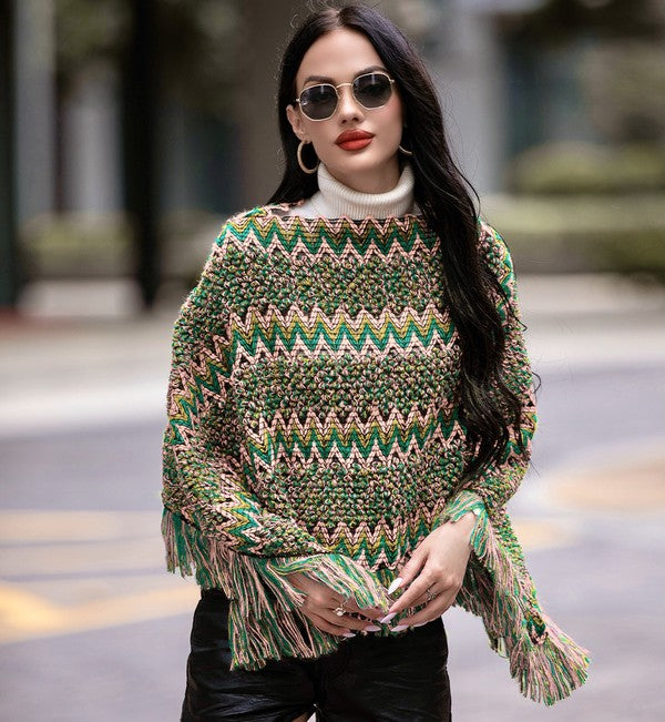 Green Fringe Trim Batwing Sleeve Poncho Sweater