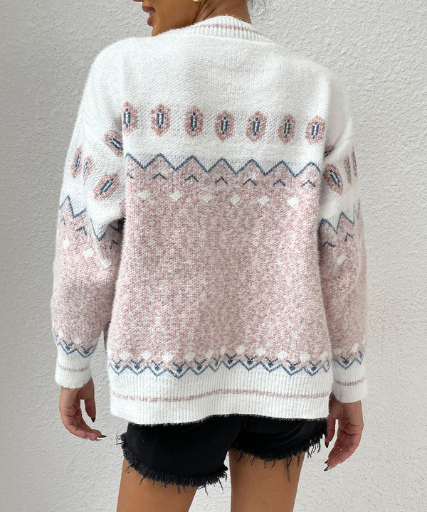 White and Pink Geo Pattern Botton Front Cardigan