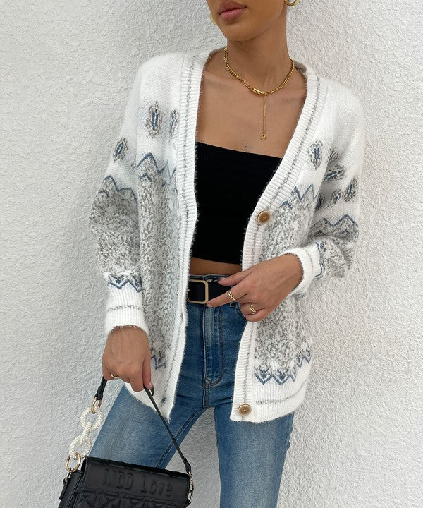 White and Gray Geo Pattern Botton Front Cardigan