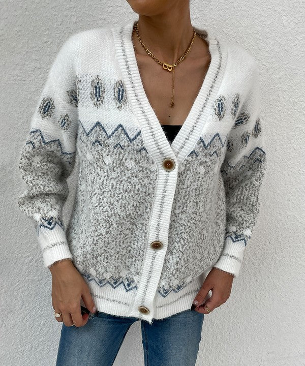 White and Gray Geo Pattern Botton Front Cardigan