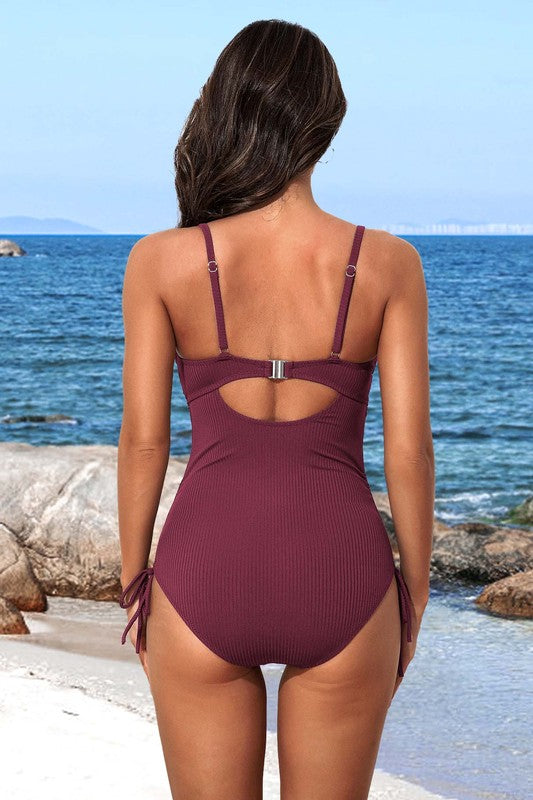 Ribbed Tie Side High Cut Twist Front Bathing Suit