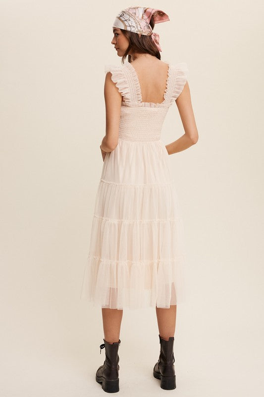 Smocked Ruffle Tiered Mesh Midi Maxi Dress