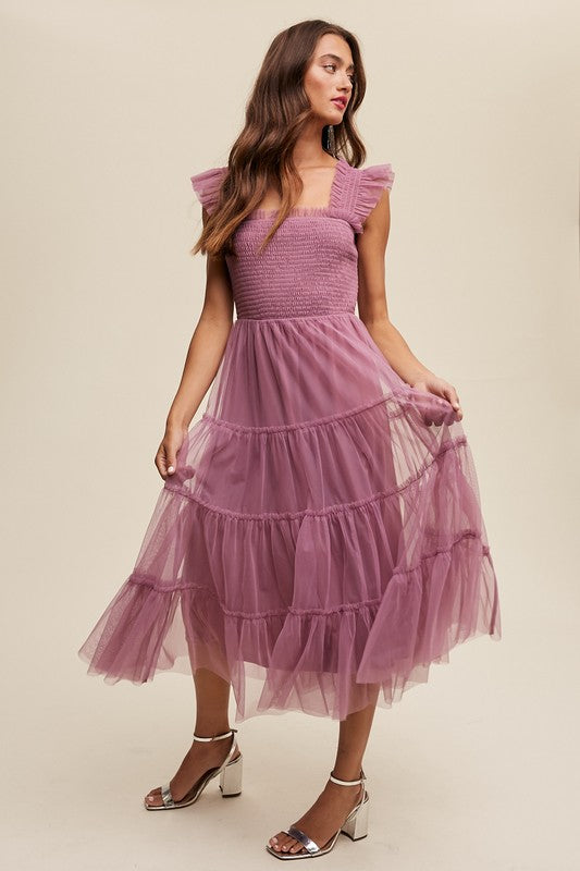 Smocked Ruffle Tiered Mesh Midi Maxi Dress