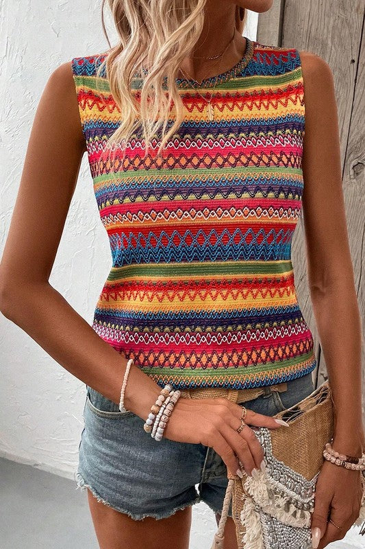 Ethnic Wavy Pattern Round Neck Sleeveless Top