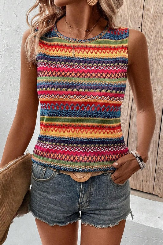 Ethnic Wavy Pattern Round Neck Sleeveless Top