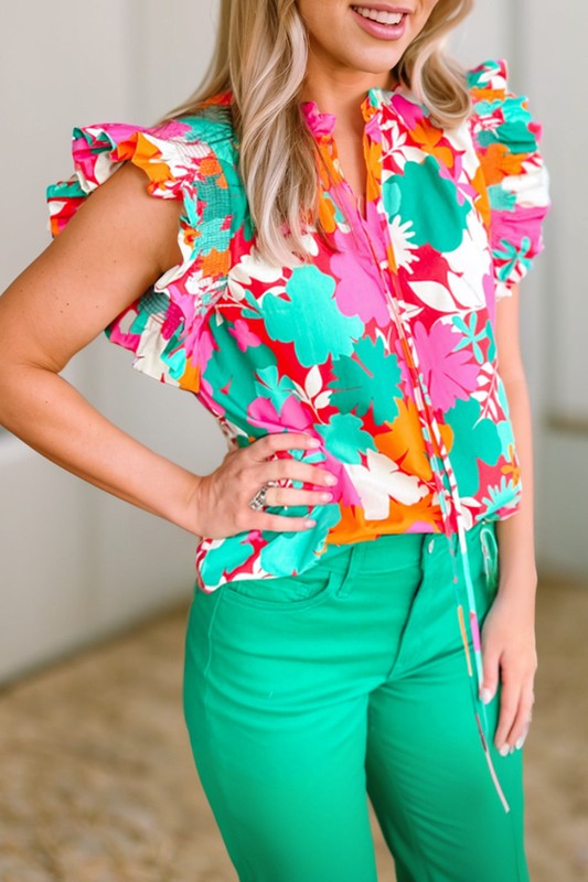 Floral Tie Split Neck Ruffle Trim Blouse