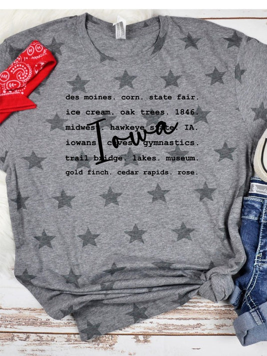 Iowa Typography Words Star Graphic Tee