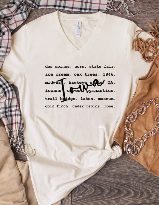 IOWA Typography Words V-Neck Graphic Style Tee