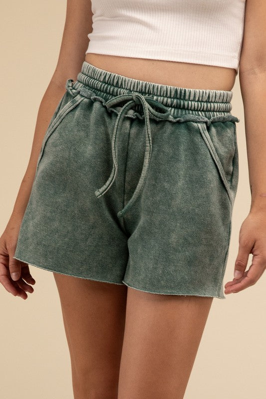 Acid Wash Fleece Drawstring Shorts with Pockets