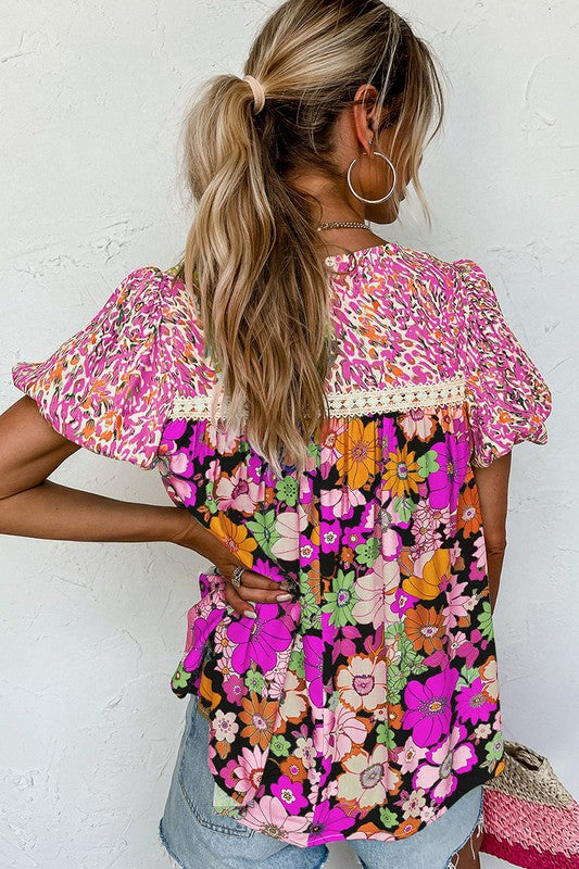 Women Bubble Sleeve Lace Trim Floral Mixed Blouse