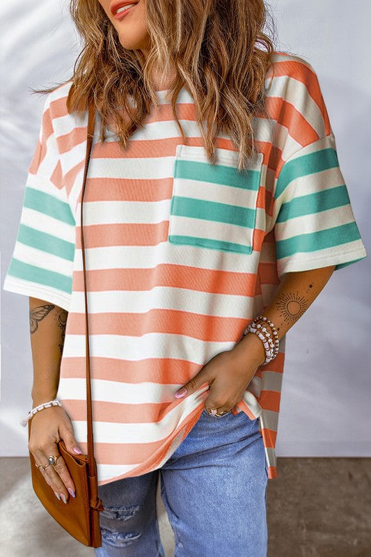 Women Stripe Contrast Patch Drop Sleeve T Shirt