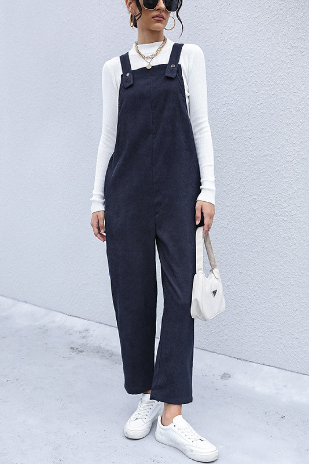 Perfee Button Detail Corduroy Overalls with Side Pockets