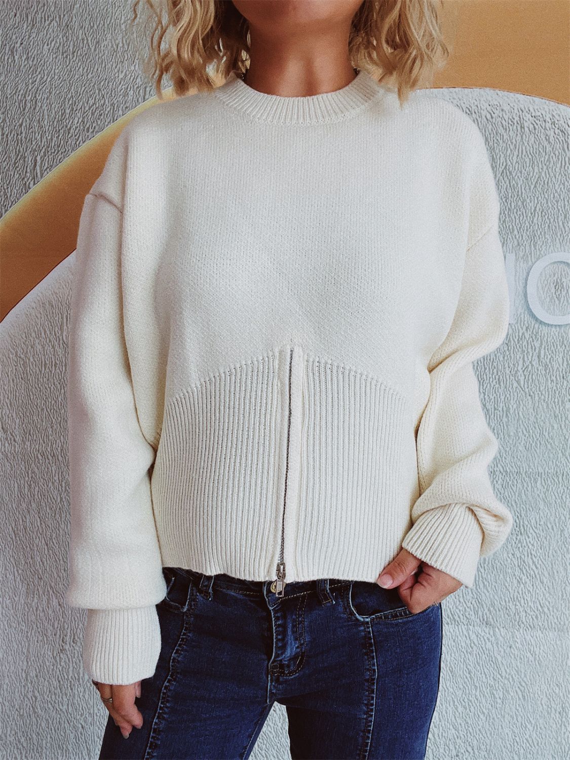 Round Neck Half Zip Long Sleeve Sweater