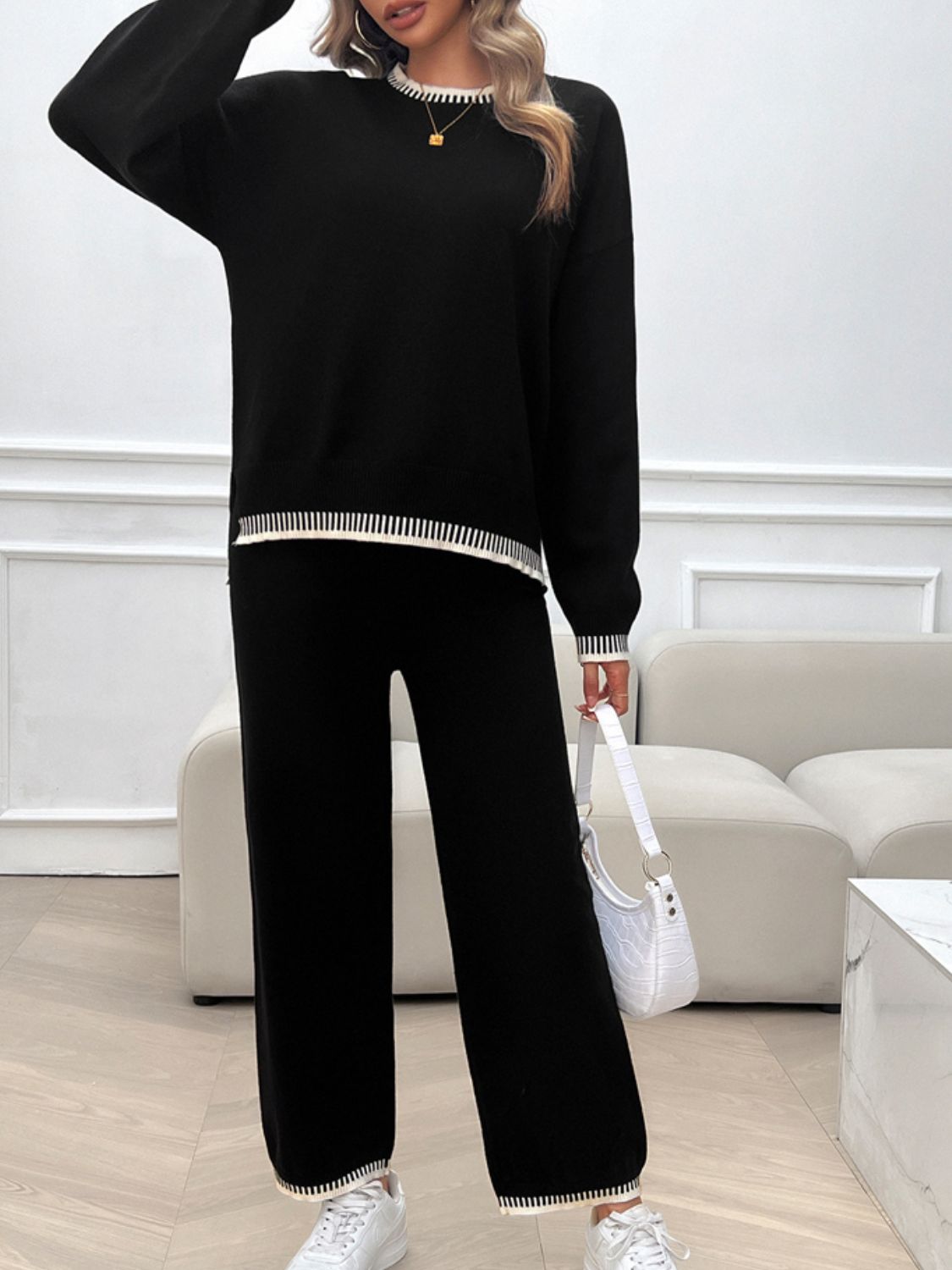 Round Neck Dropped Shoulder Top and Pants Sweater Set