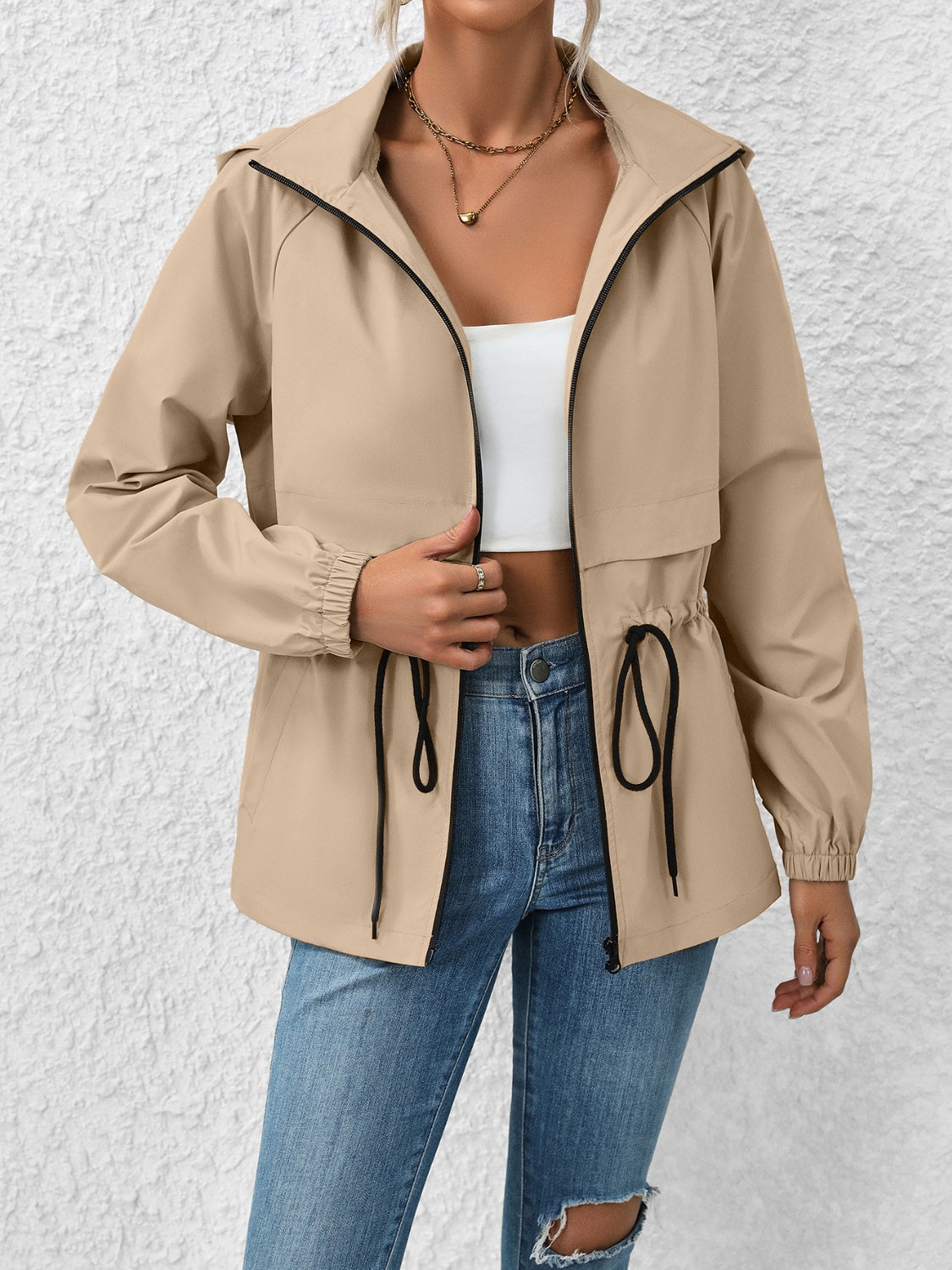 Drawstring Zip Up Hooded Jacket