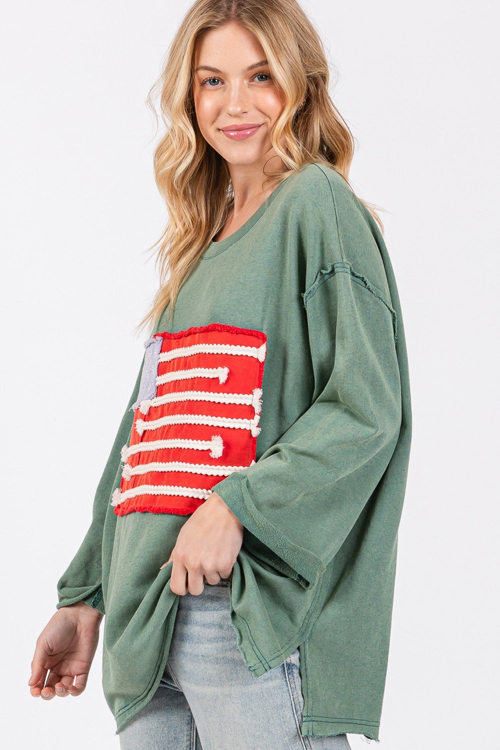 SAGE + FIG Full Size American Flag Patch Drop Shoulder T-Shirt