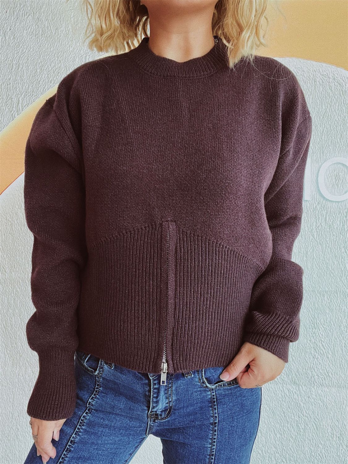 Round Neck Half Zip Long Sleeve Sweater