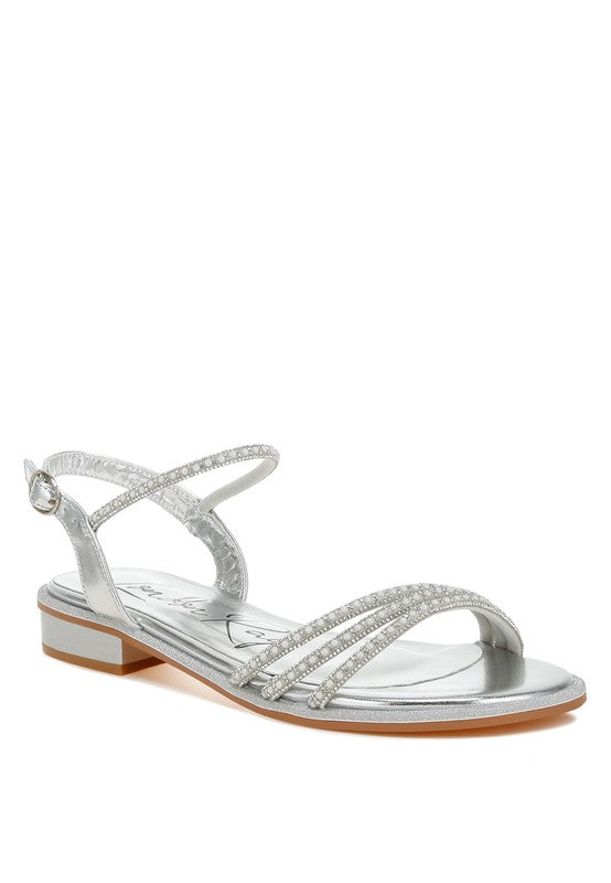 Nobbity Rhinestone Pearl Detail Flat Sandals