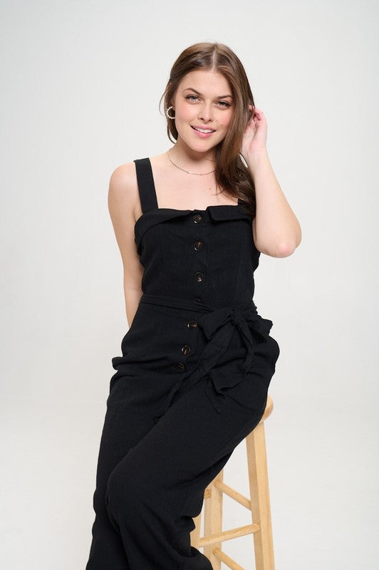 SLEEVELESS ADJUSTABLE STRAP BUTTON DOWN JUMPSUIT