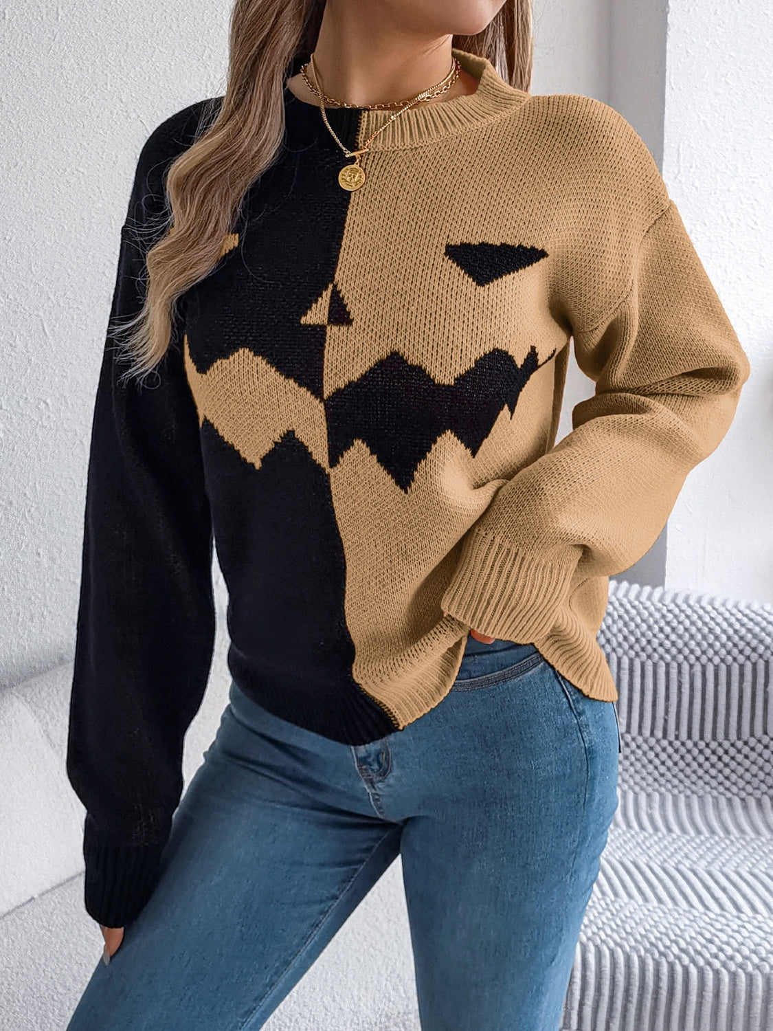 Contrast Round Neck Long Sleeve Sweater