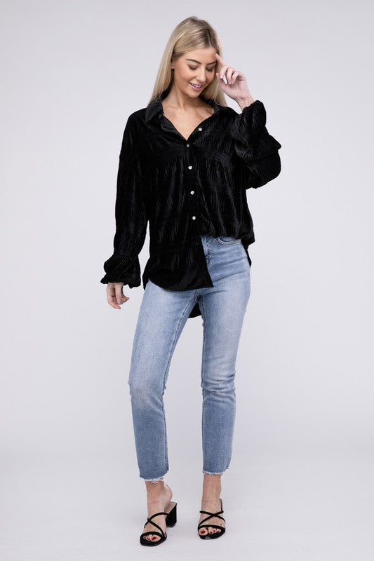 Wrinkle Effect Tiered Shirring Velvet Shirt