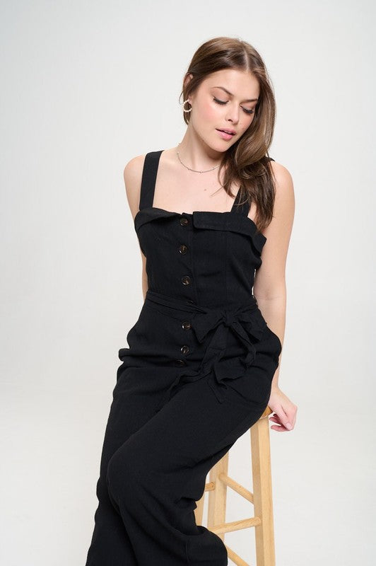 SLEEVELESS ADJUSTABLE STRAP BUTTON DOWN JUMPSUIT