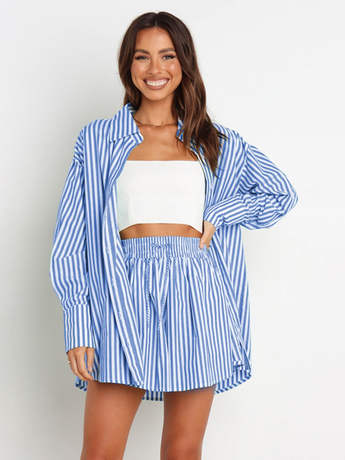 Striped Dropped Shoulder Shirt and Shorts Set