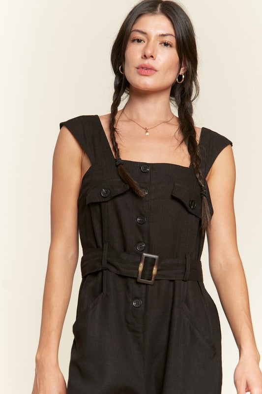 SLEEVELESS SQUARE NECK BUTTON DOWN ANKLE JUMPSUIT