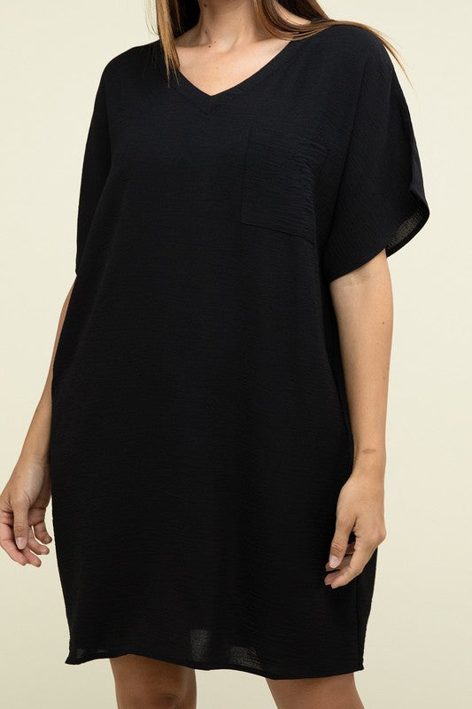 Woven Airflow V Neck T-Shirt Dress with Pockets